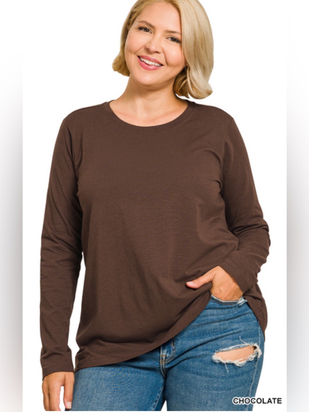 Zenana PLUS Chocolate Cotton and Spandex Crew Neck Long Sleeve T-Shirt